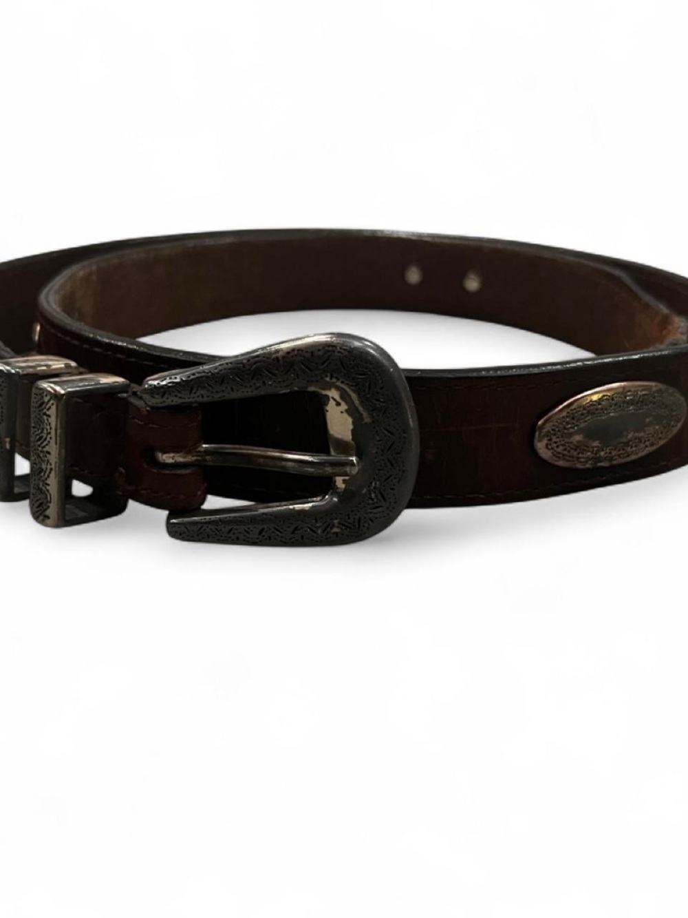 Brown Leather Western-style Belt with Engraved Metal Buckle